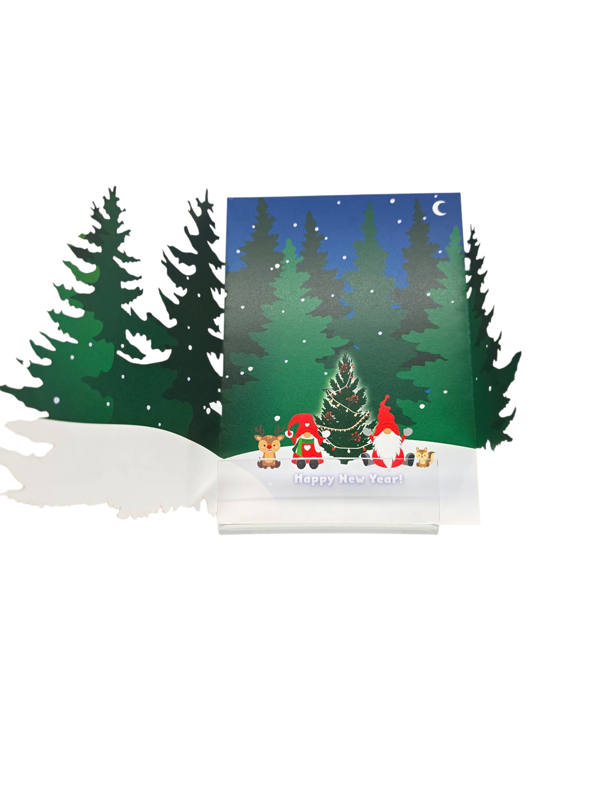 A pop-up laser-cut holiday card called "Cards: Nisse Pulling Sled" features a festive scene and the text "Happy New Year!"—perfect for seasonal greetings.