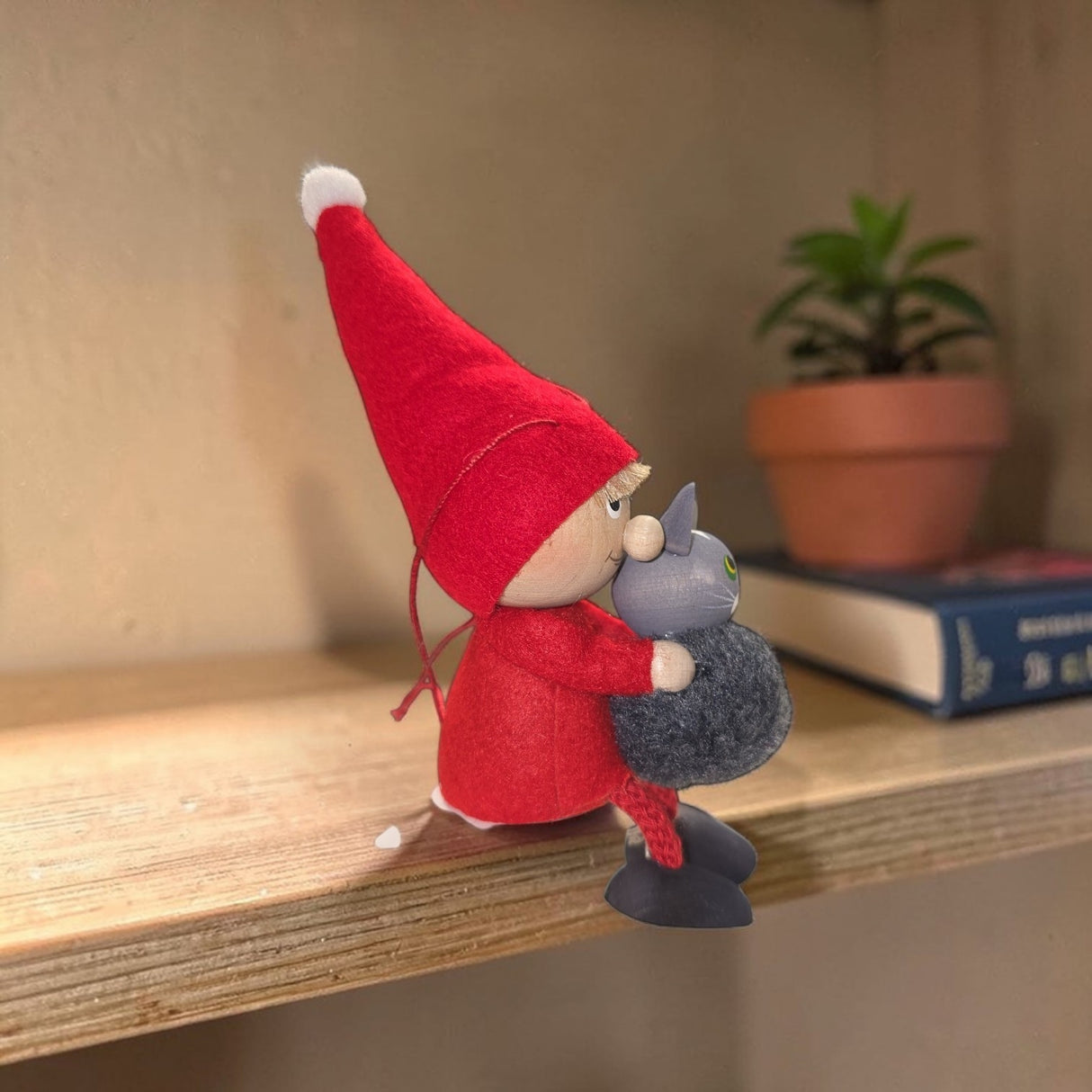 Figurine: Tomte Girl or Boy with Cat 4" Tall Seated Handcrafted in Scandinavia