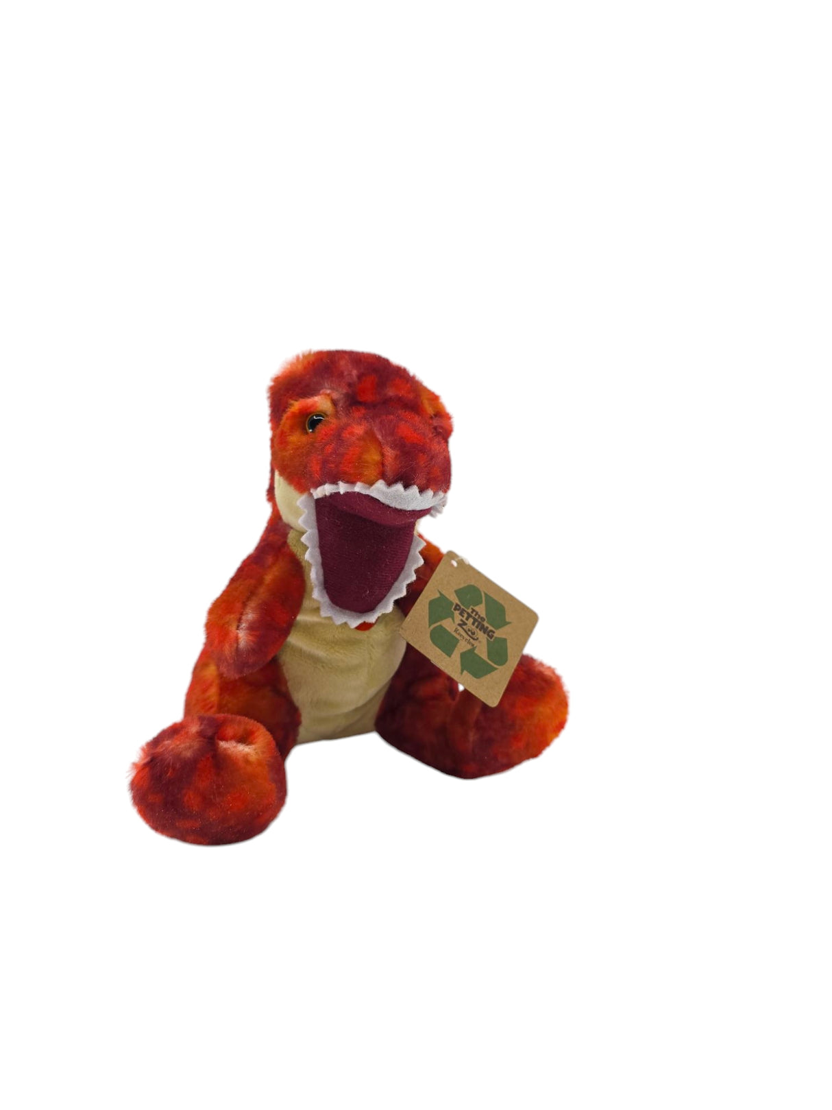 The Plush: T-Rex w/ Roaring Sound Orange Stuffed Dinosaur is 9 long from nose to tail, features an open mouth, holds an eco-friendly tag with a recycling symbol, and makes a perfect gift for any young dino fan.