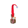 Scandinavian moose ornament with brown wooden fur, antlers, a red nose, and a long red Santa hat.