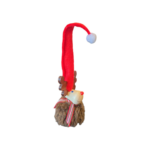 Scandinavian moose ornament with brown wooden fur, antlers, a red nose, and a long red Santa hat.