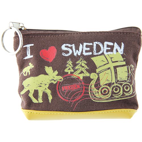 The Coinbag: I Heart Sweden Canvas Coinbag is a small brown pouch with a yellow base, featuring I ♥ SWEDEN, moose, trees, and a Viking ship with the Sweden emblem.