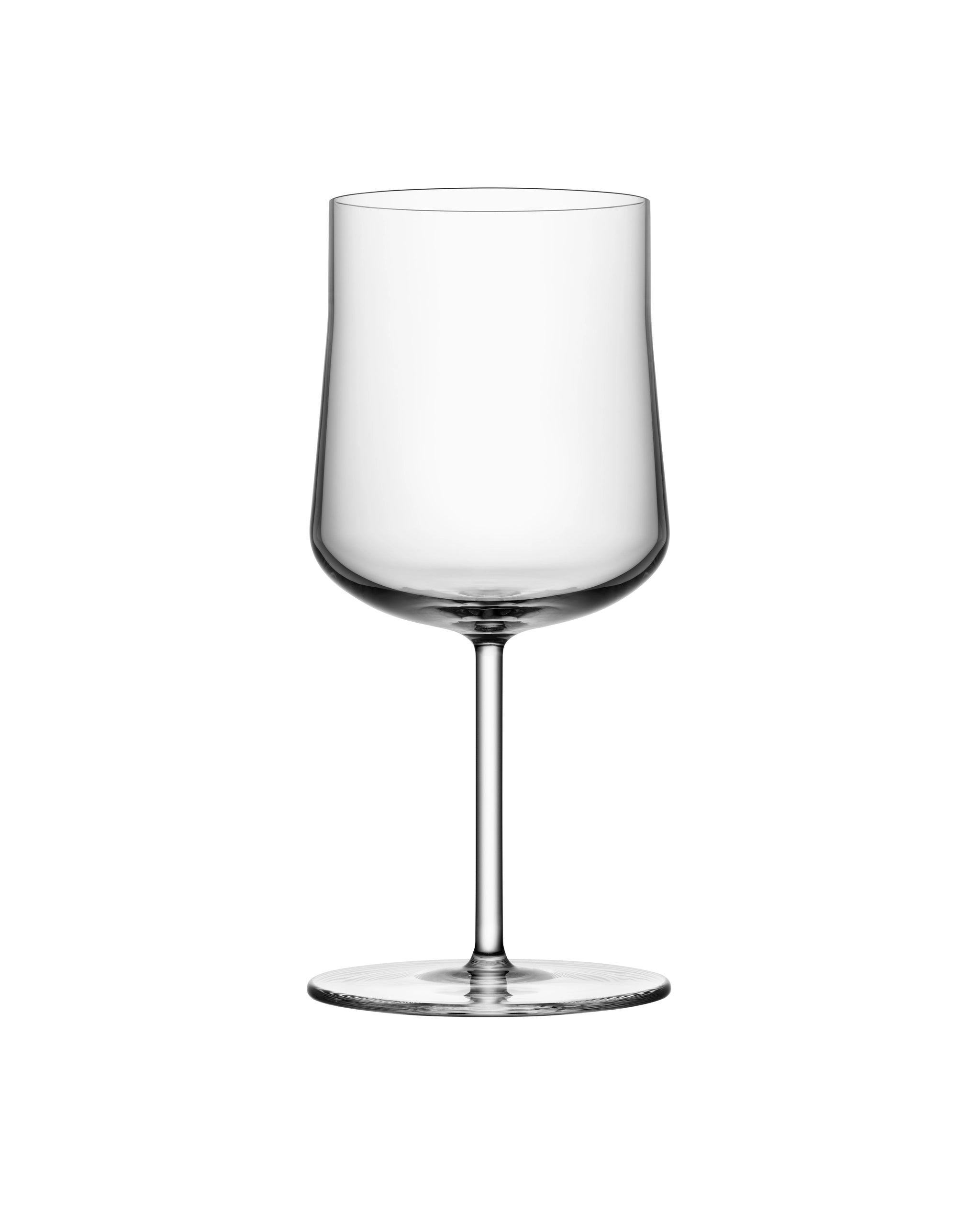 The Orrefors: Informal Medium Glass 12oz (2-Pack) features an empty, clear wine glass with a tall stem and flat base, showcasing elegant Scandinavian design against a white background.