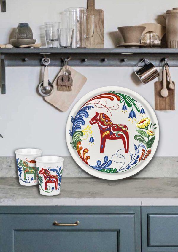 Tray: "Dalom" Swedish Dala Horse on White Round Birch Veneer Tray with "Kurbits" Swedish Flowers 15" Made in Sweden