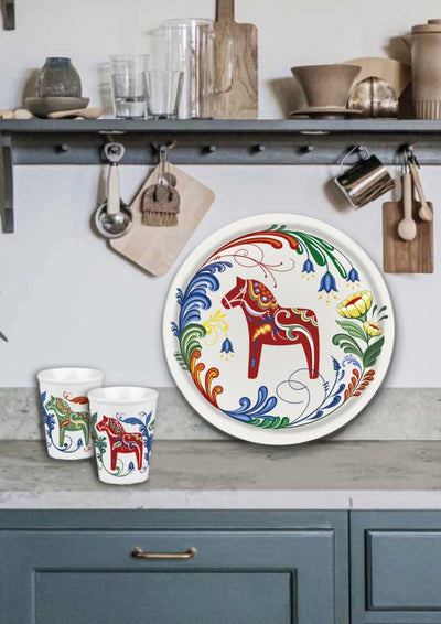 Tray: "Dalom" Swedish Dala Horse on White Round Birch Veneer Tray with "Kurbits" Swedish Flowers 15" Made in Sweden
