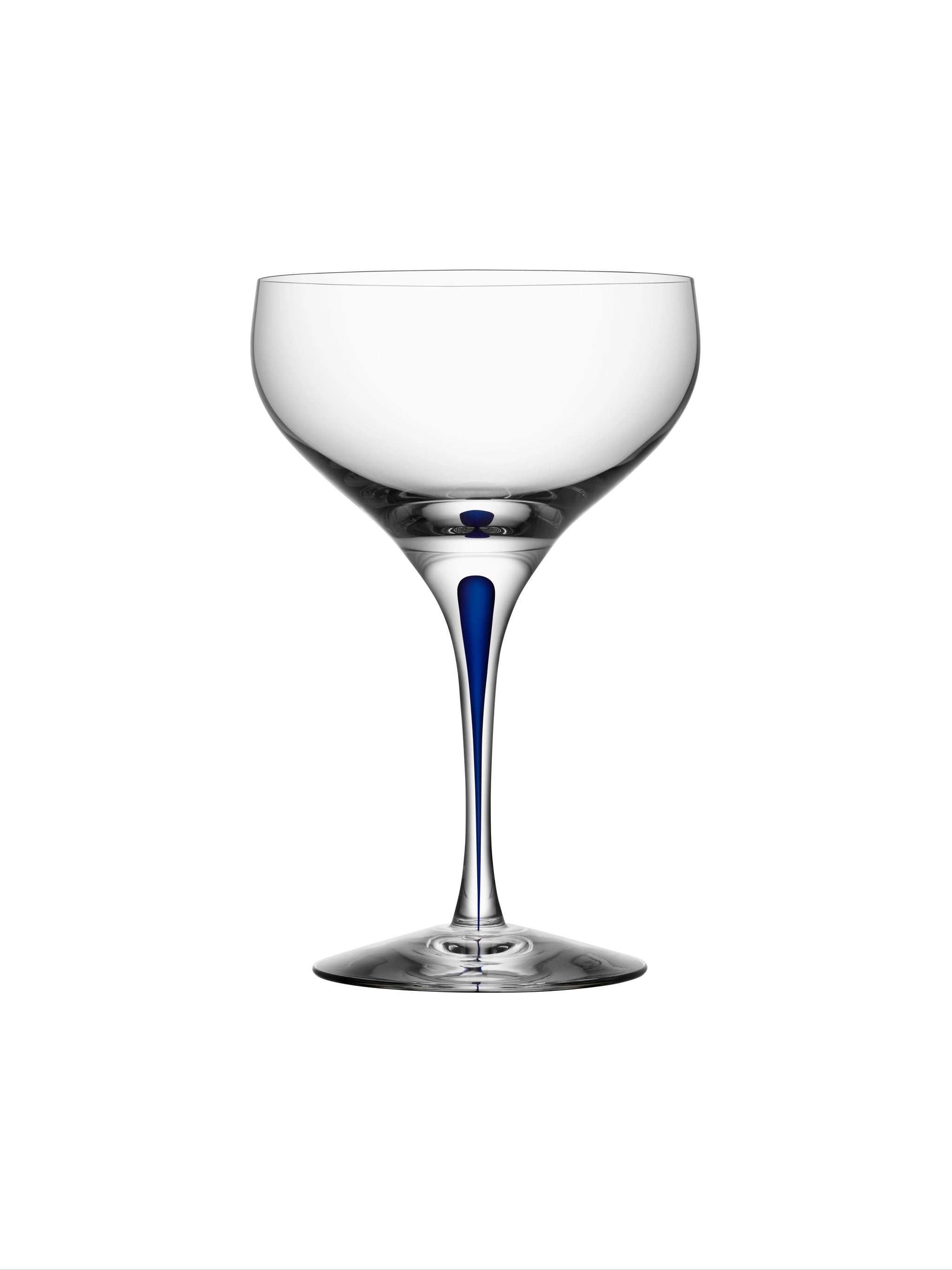 The Orrefors: Intermezzo Blue Coupe Glass 10oz by Erika Lagerbielke offers a clear glass bowl complemented by a stylish blue stem detail.