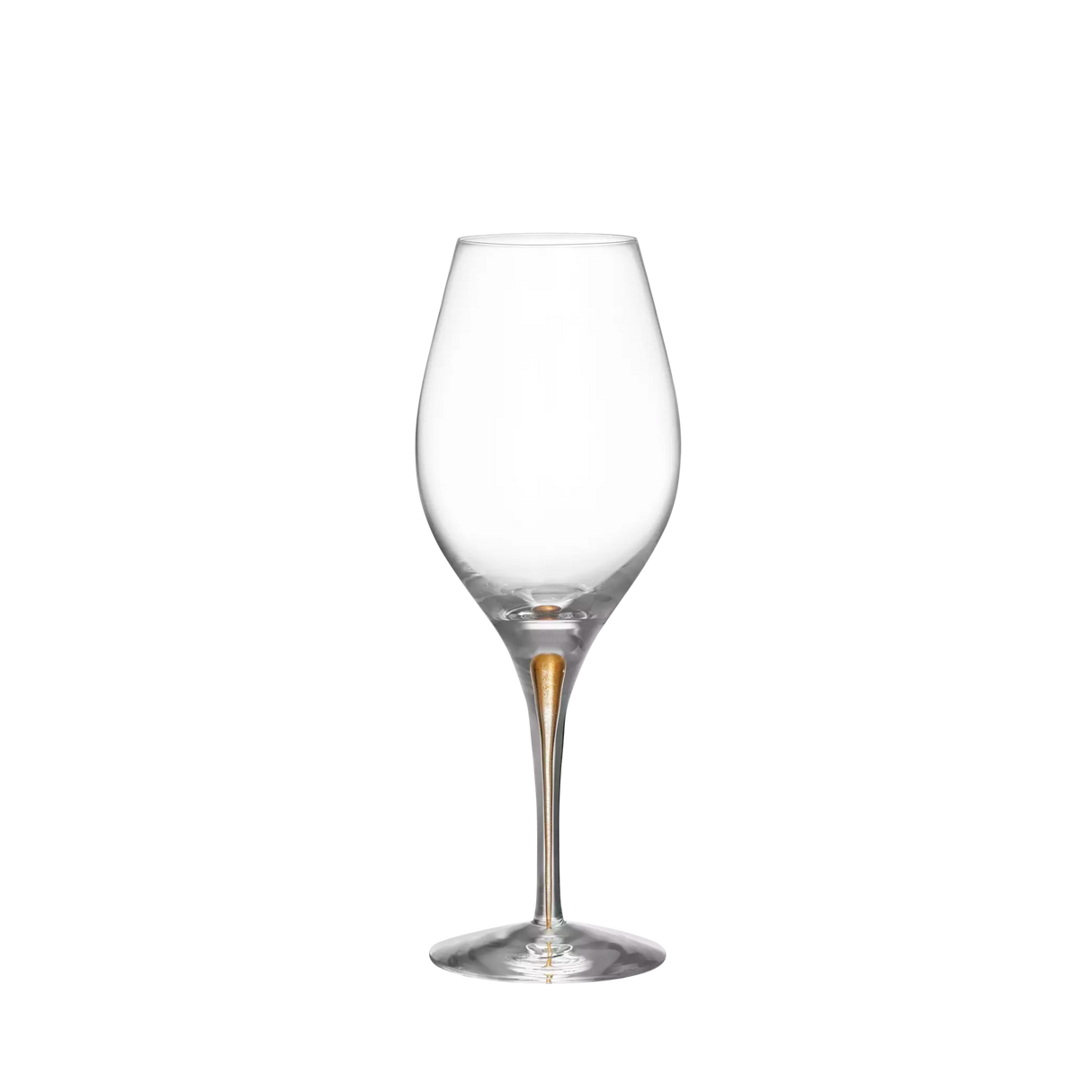 An empty Orrefors Intermezzo Gold Balance wine glass, 14.8oz, with a tall stem and rounded bowl, isolated on a white background.