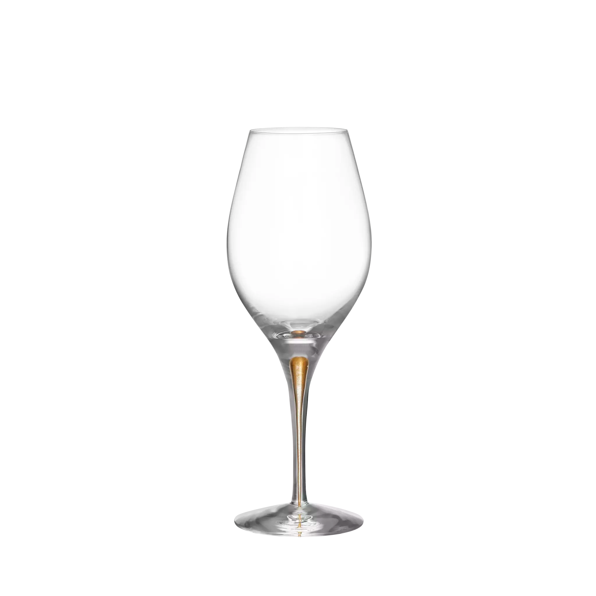 An empty Orrefors Intermezzo Gold Balance wine glass, 14.8oz, with a tall stem and rounded bowl, isolated on a white background.