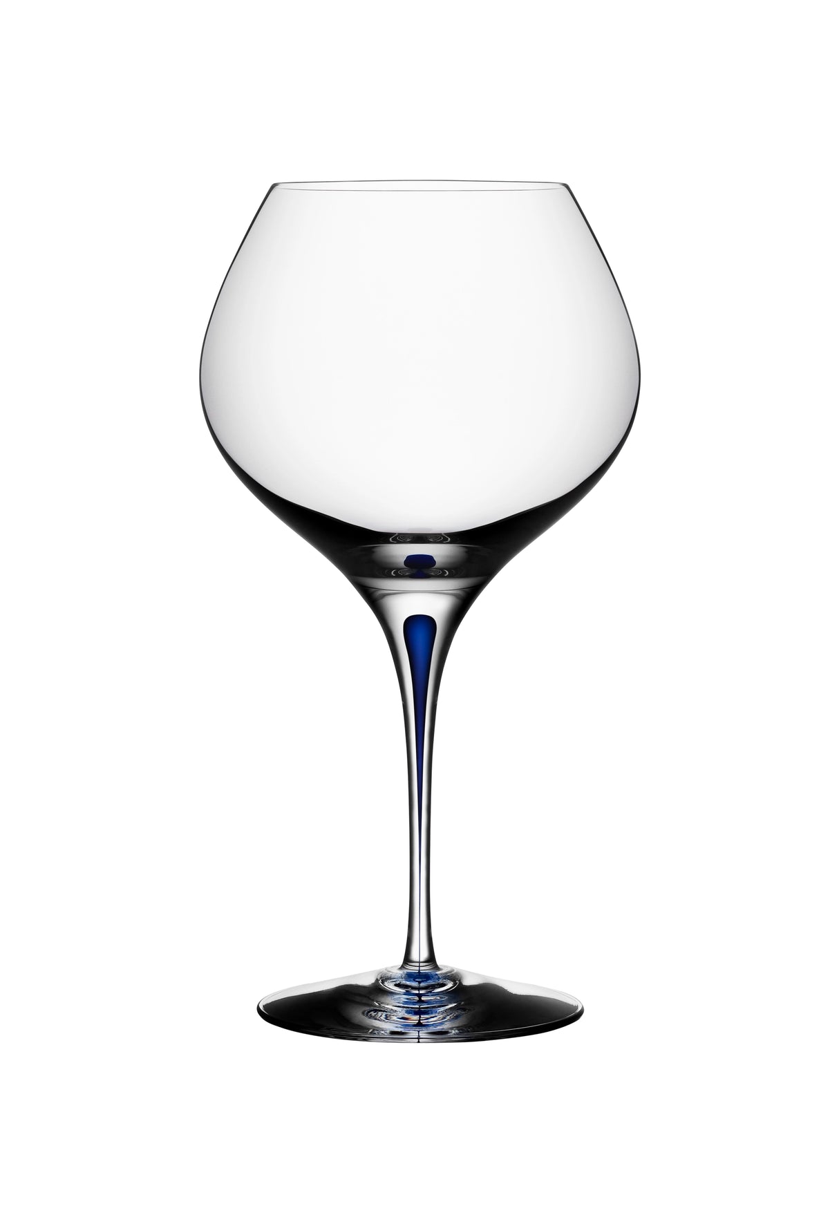 A 20oz Orrefors Intermezzo Blue Bouquet Glass with a clear bowl and blue stem, designed by Erika Lagerbielke, is photographed empty against a white background.