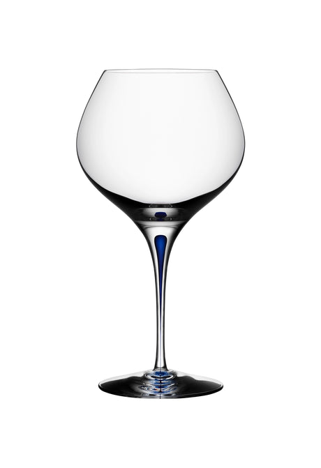 A 20oz Orrefors Intermezzo Blue Bouquet Glass with a clear bowl and blue stem, designed by Erika Lagerbielke, is photographed empty against a white background.