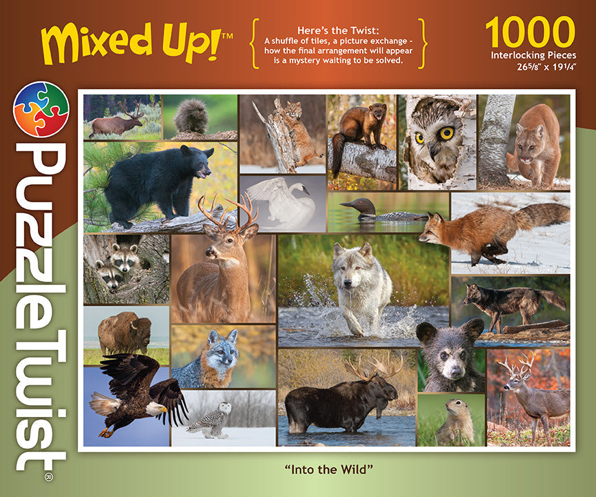 PuzzleTwist Mixed Up! Into the Wild 1000 piece puzzle by photographer Mike Lentz features a collage of wild animals on the box, including bears, wolves, deer, owls, and foxes.