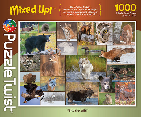 PuzzleTwist Mixed Up! Into the Wild 1000 piece puzzle by photographer Mike Lentz features a collage of wild animals on the box, including bears, wolves, deer, owls, and foxes.