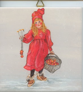 Illustration of a young girl in a red outfit holding a basket of apples and a toy on a string, all set against the soft tones of the "6\" Ceramic Apple Girl" tile.