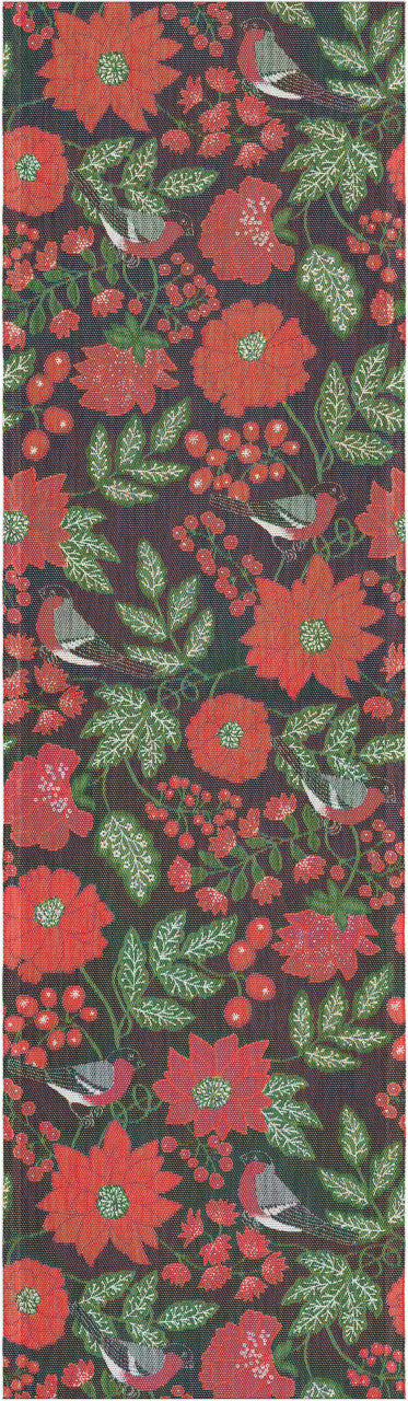 The Julfaglar Christmas Birds table runner by Ekelund Master Weavers boasts a vibrant floral design with red flowers, green leaves, and small birds on a dark background.