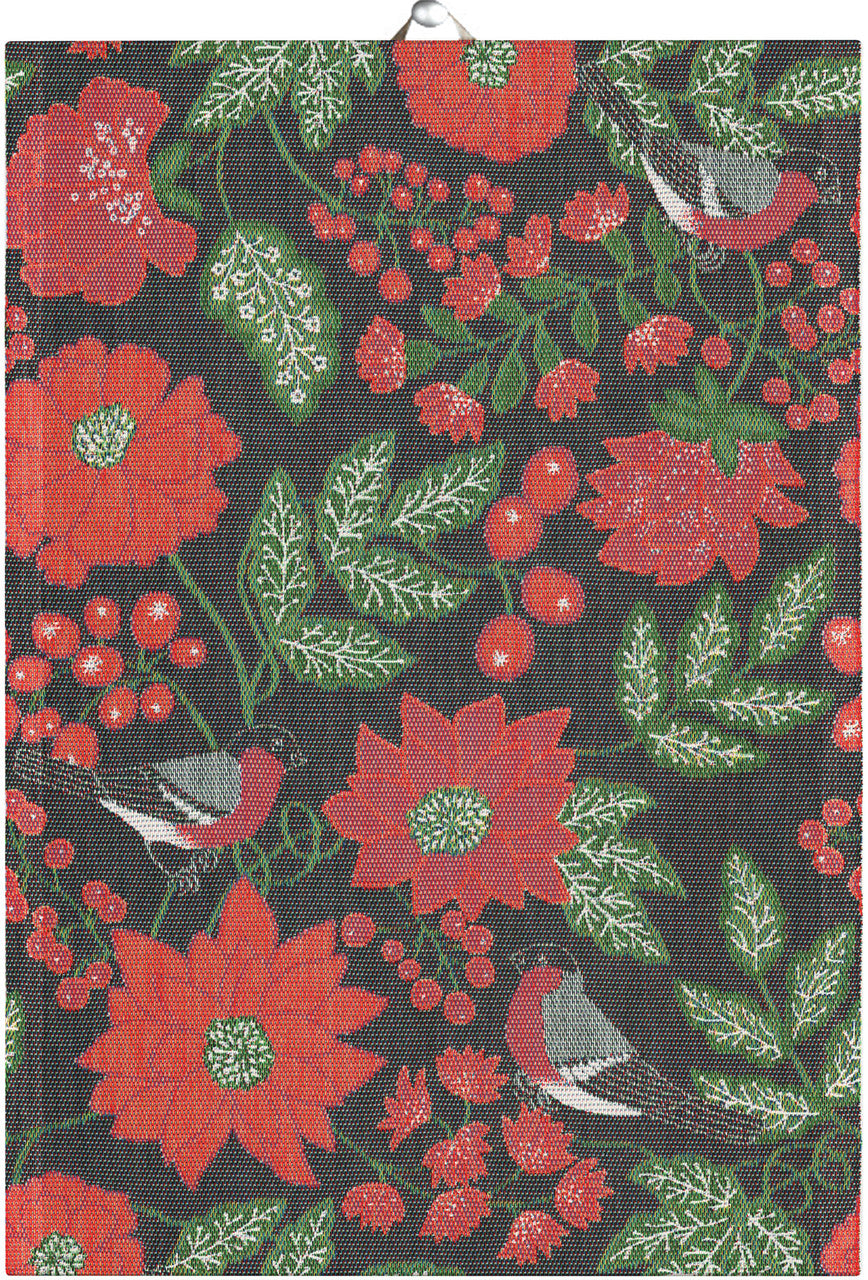 The Runner: Julfaglar - Christmas Birds by Ekelund Master Weavers features a striking floral pattern of red and green flowers and foliage on black, accented by small birds.