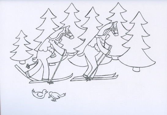 Karin Didring's artwork in the "Dala Horse Coloring Book" captures horse-headed figures skiing elegantly through the trees, as two birds wander serenely on the ground nearby.