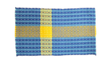 The Center Piece: Swedish Flag 11\x12\ Plus Fringe on Long Ends is a hand woven textile with a blue base, yellow cross pattern inspired by the Swedish flag, intricate geometric designs, and slightly uneven edges.