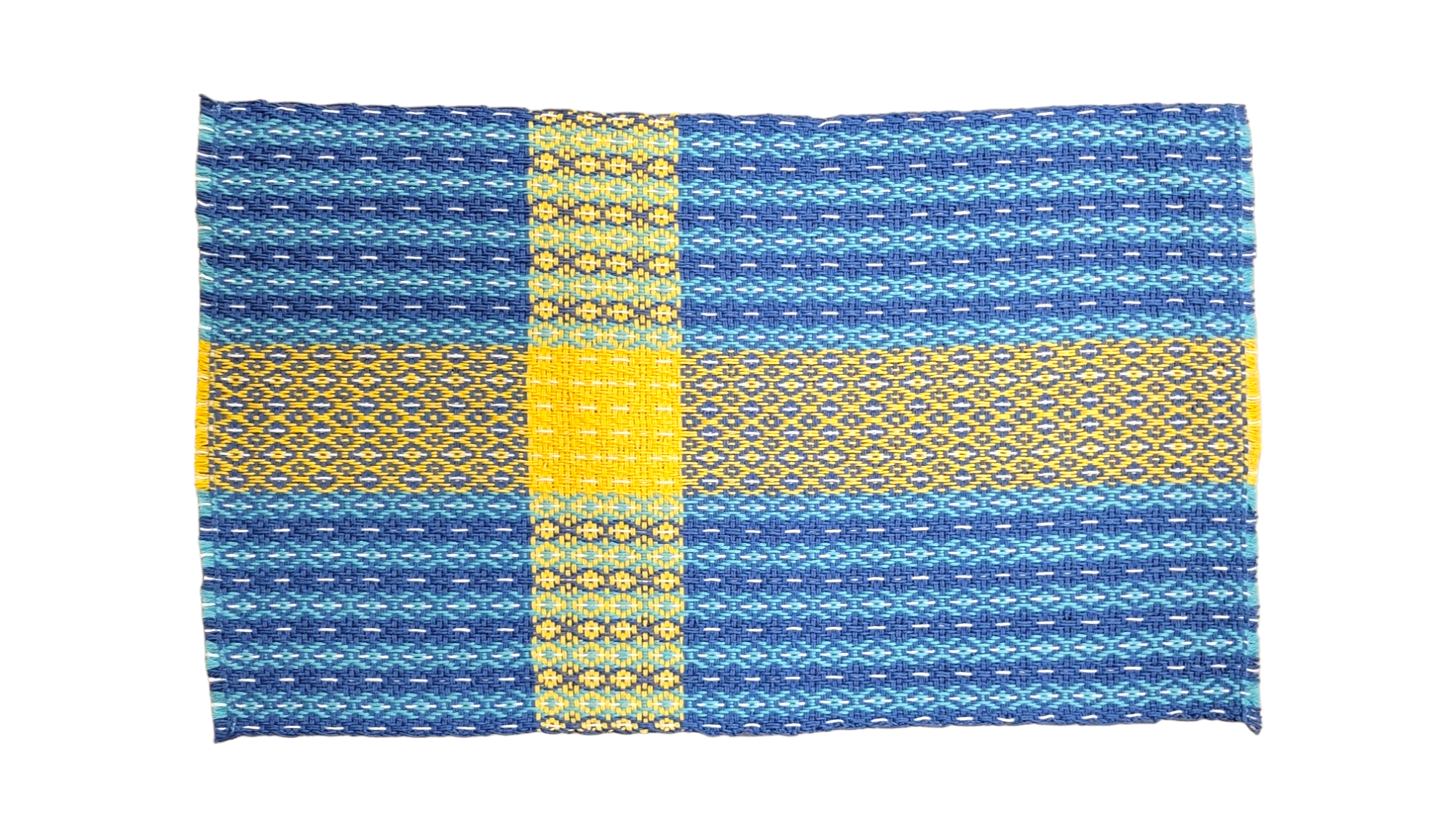 Introducing the "Center Piece: Swedish Flag," a hand-woven placemat in blue and yellow, adorned with intricate patterns and a large central cross design reminiscent of the Swedish flag.