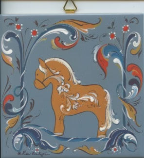 6" ceramic tile featuring a brown fjord horse with colorful Norwegian rosemaling by Lise Lorentzen on a blue-gray background.