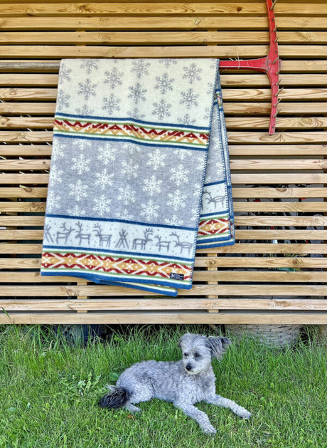 A dog rests on grass before a wooden slatted wall adorned with a snowflake and reindeer-covered Laponia blanket by Kerstin Landstrom. Crafted from OEKO-TEX-certified 100% Norwegian Lambs Wool, it complements the red tool mounted above.