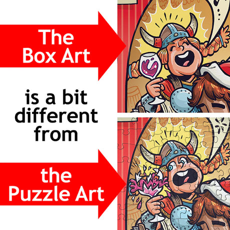 Side-by-side comparison shows the box art and puzzle art of a Viking character from the PuzzleTwist: Legendary Christmas Puzzle, highlighting differences in design and details between the two versions.