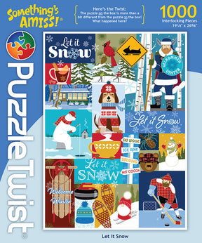The PuzzleTwist Let it Snow by Cindy Lindgren features winter illustrations like a skier, hot cocoa, and a dog with earmuffs. This delightful jigsaw puzzle has 1000 pieces.