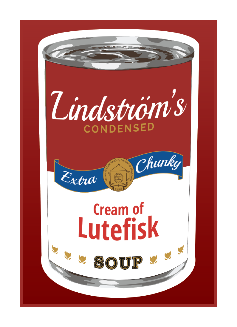 A can from the Cream of Lutefisk Bundle features a red, white, and blue design—a quirky Swedish-American souvenir or gift styled like a vintage soup can mug.