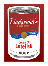 A can from the Cream of Lutefisk Bundle features a red, white, and blue design—a quirky Swedish-American souvenir or gift styled like a vintage soup can mug.