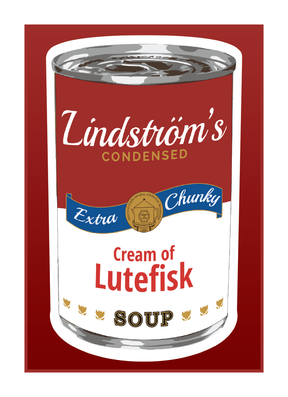A can from the Cream of Lutefisk Bundle features a red, white, and blue design—a quirky Swedish-American souvenir or gift styled like a vintage soup can mug.