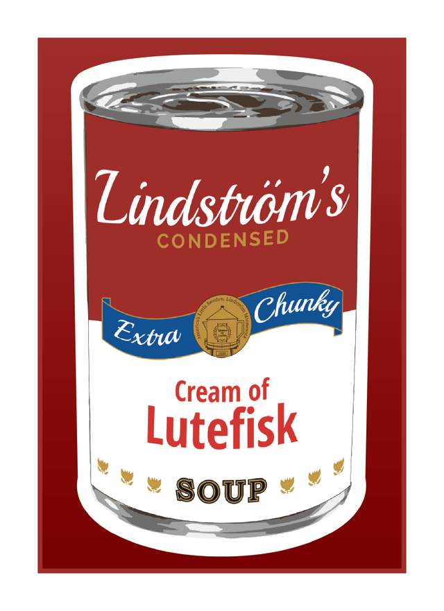 A can from the Cream of Lutefisk Bundle features a red, white, and blue design—a quirky Swedish-American souvenir or gift styled like a vintage soup can mug.