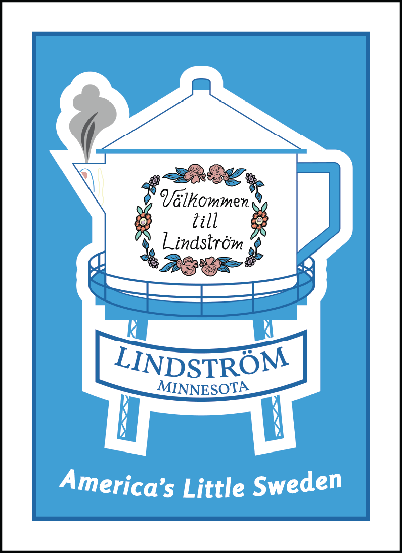 This 3.5" x 2.5" Lindstrom Water Tower magnet features an illustration of the coffee pot water tower, floral “Välkommen till Lindström” text, and the slogan “America’s Little Sweden”—a charming Lindström, Minnesota souvenir.