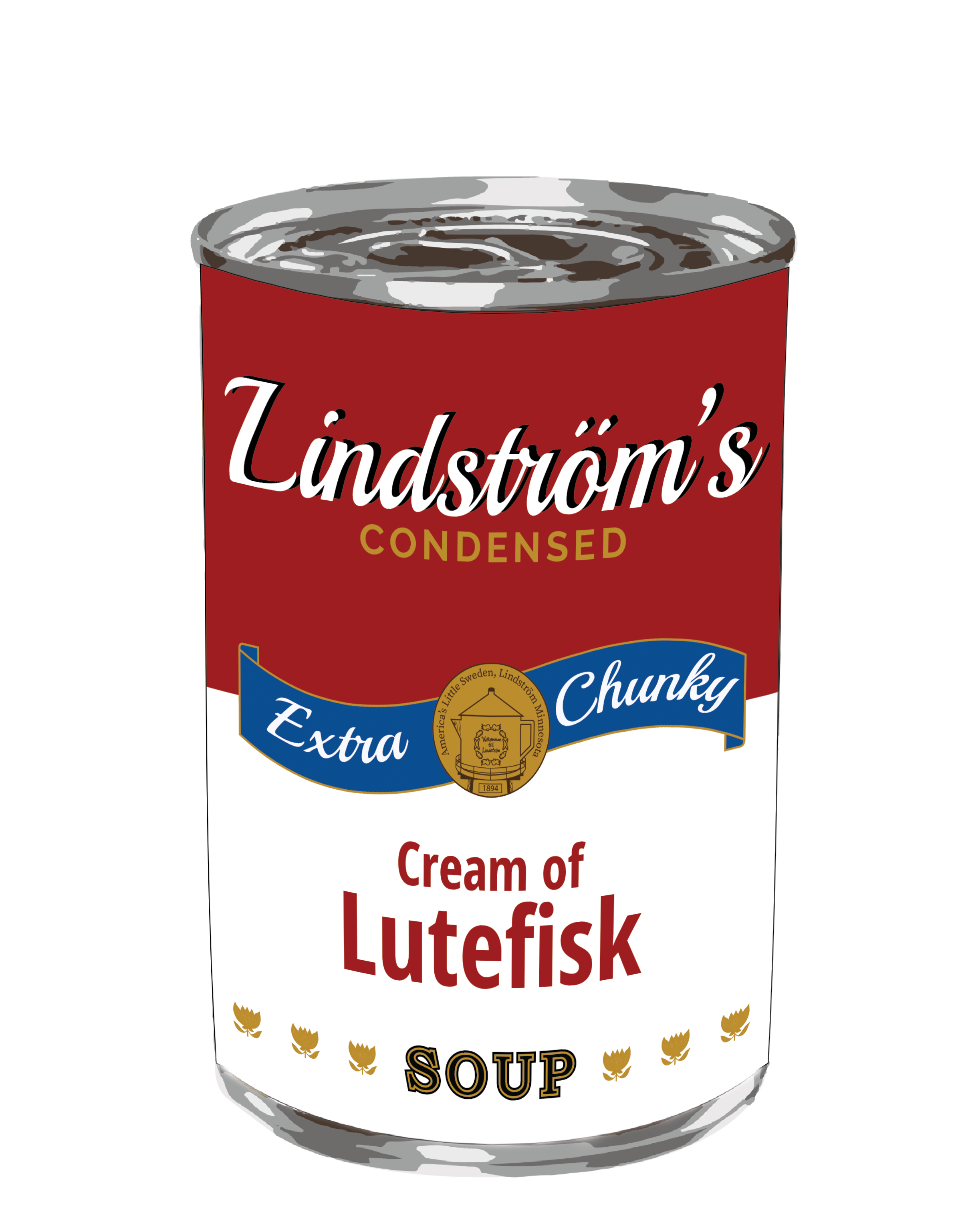 Lindstroms Extra Chunky Cream of Lutefisk Soup Sticker on a can of condensed lutefisk soup.