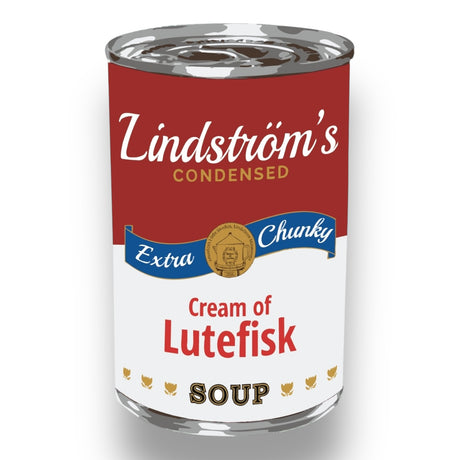 A Nordic sticker labeled Lindstroms Extra Chunky Cream of Lutefisk Soup (2.5 x 4 inches) features a glossy, UV and water-resistant design celebrating Scandinavian culture.