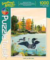 Illustration of three loons on an autumn lake, featured on the PuzzleTwist: Loons on the Lake (1000 Pieces) jigsaw puzzle—a stunning tribute to Minnesota’s scenic beauty.