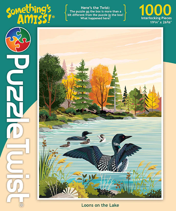 Illustration of three loons on an autumn lake, featured on the PuzzleTwist: Loons on the Lake (1000 Pieces) jigsaw puzzle—a stunning tribute to Minnesota’s scenic beauty.