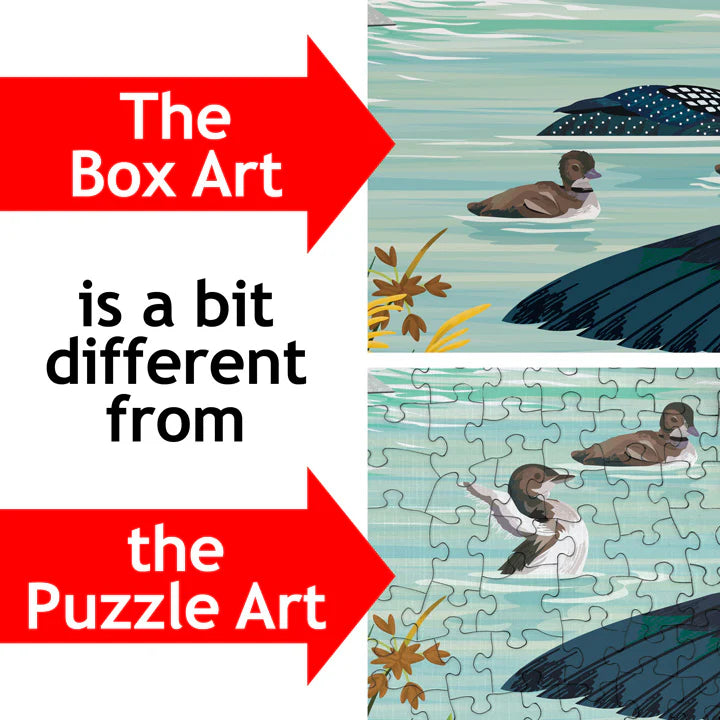 A comparison reveals slight differences between the box art and puzzle image of birds on water in the 1000-piece PuzzleTwist: Loons on the Lake.