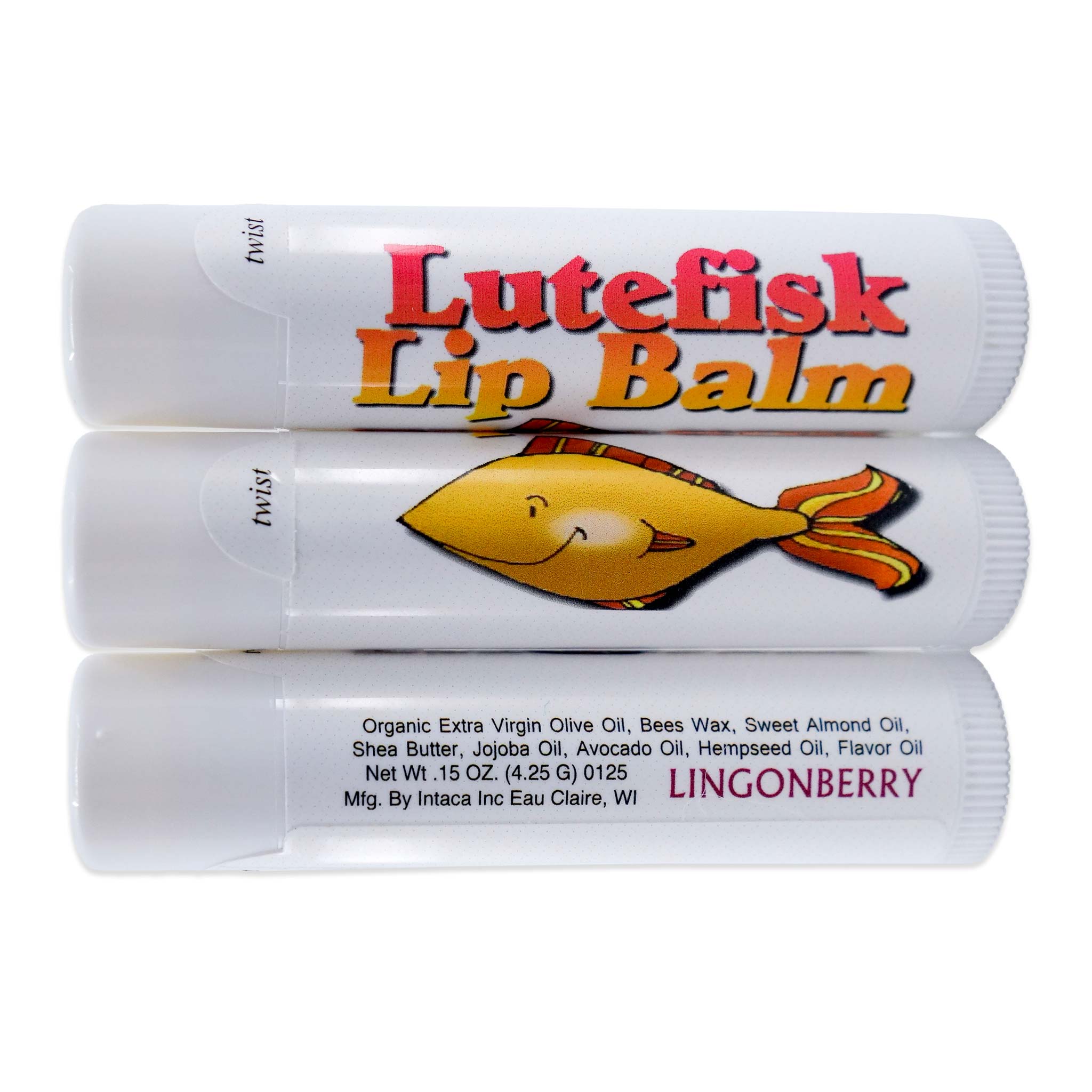 Three tubes of Lutefisk Lip Balm, featuring a fish design and organic ingredients like olive oil and shea butter, include one with a unique Lingonberry flavor.