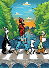Puzzle featuring a lumberjack and three cartoon animals crossing a white-striped path in a green forest, arranged to reference the Abbey Road album cover.
