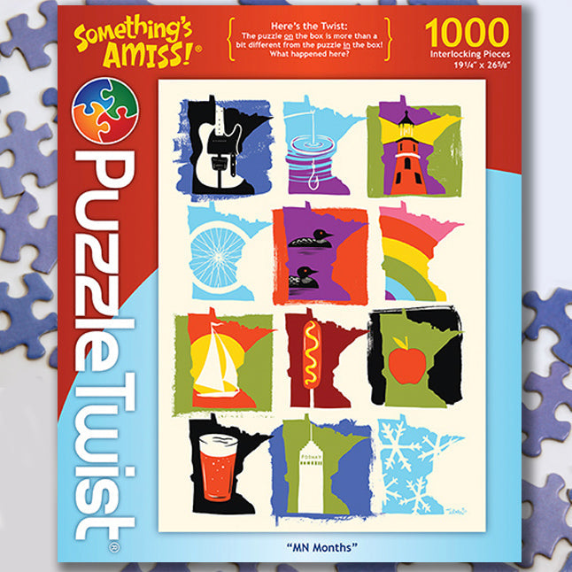 The PuzzleTwist: Minnesota Months by Adam Turman features Minnesota-themed icons like a guitar, lighthouse, and apple. It includes 1,000 interlocking pieces and the text Somethings Amiss! Perfect for jigsaw puzzle enthusiasts.