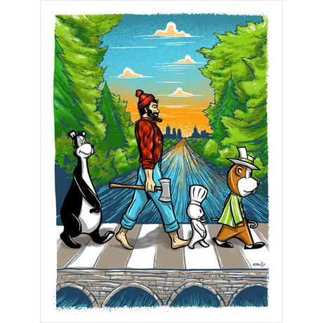 The Abbey Road 11x14 by Adam Turman Print is a vibrant screen print featuring a bearded man and three cartoon animals strolling across a bridge, set against lush forests and a stunning sunset.