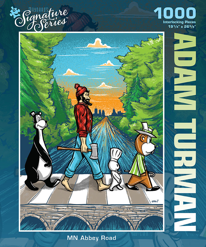 An illustration of a lumberjack and three animals crossing a bridge in the forest, inspired by the Abbey Road album cover, with text that reads "Adam Turman and 1000 Interlocking Pieces." This is part of Maynard's Signature Series celebrating iconic Minnesota landmarks, called Puzzle: MN Abbey Road (1,000 Pieces).