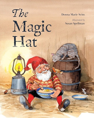 Nisse Nils, a Santa-like gnome, munches by a lantern with a cat on a barrel and a mouse nearby on the cover of Magic Hat by Donna Marie Seim, illustrated by Susan Spellman.