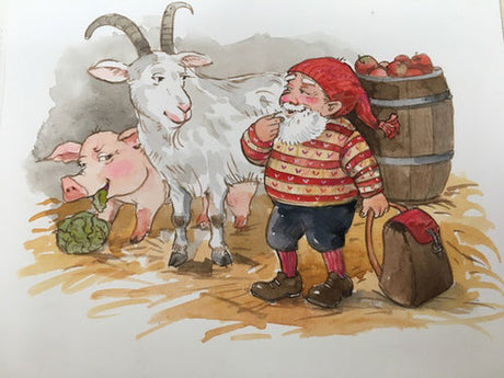 A gnome named Nisse Nils stands with a goat and pig munching on lettuce, near a barrel of apples. He holds the Book: Magic Hat by Donna Marie Seim, rumored to be magical.