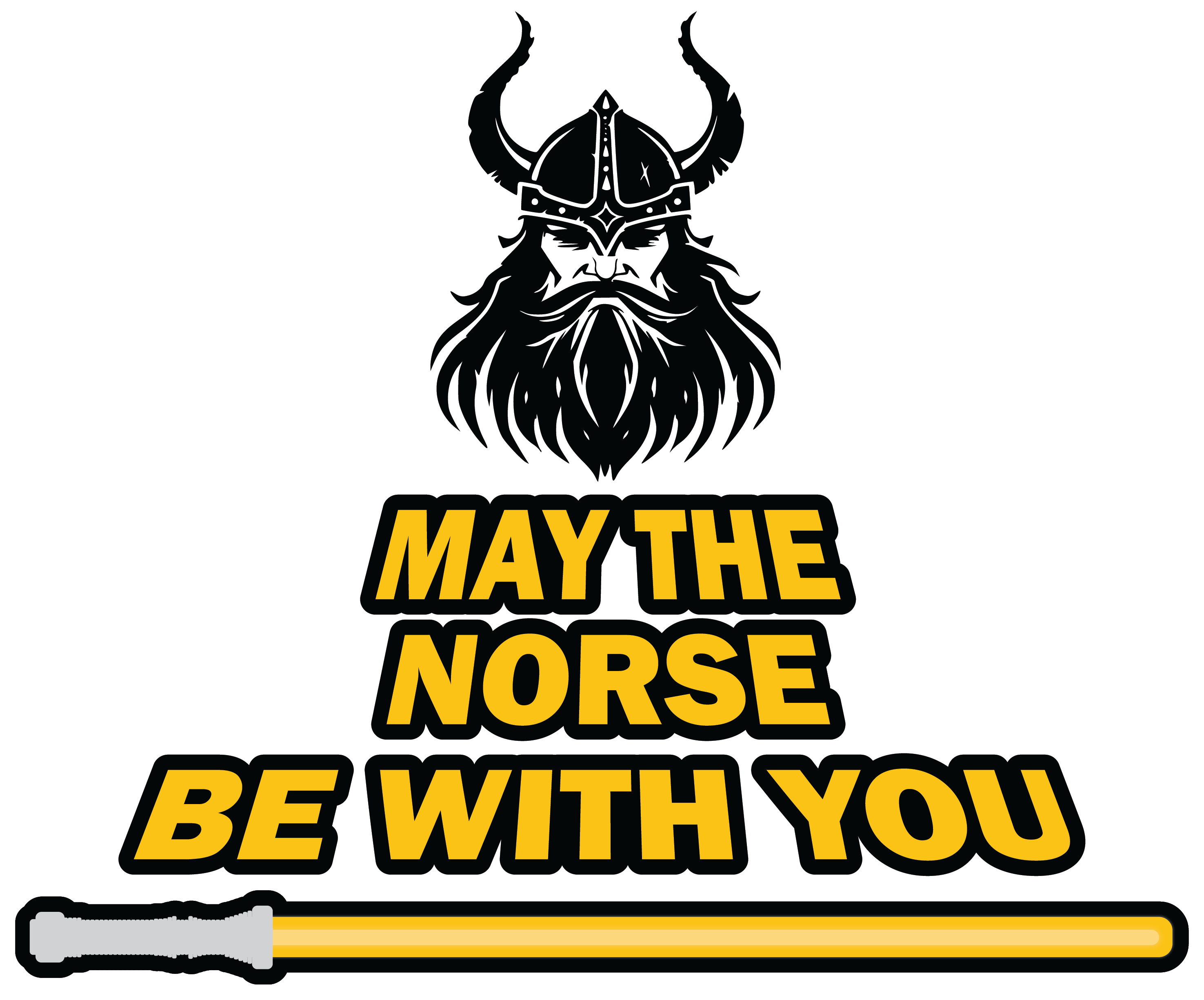 This 3 x 3 Sticker: May The Norse Be With You Yellow features a Viking helmet over a bearded face, with the text May the Norse Be With You, and includes a sword below.