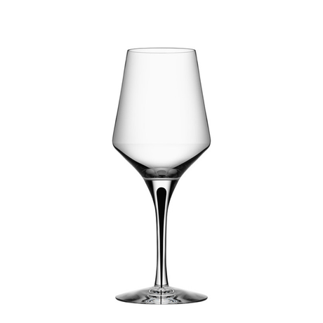 The Orrefors Metropol White Wine Glass with Black Stem, 13.5oz, designed by Erika Lagerbielke, stands centered on a plain white background with its wide bowl and elegant black stem clearly visible.