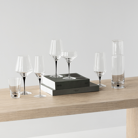 An Orrefors Metropol White Wine Glass with Black Stem (13.5oz, designed by Erika Lagerbielke) and a carafe are arranged on two stacked books atop a light wooden table against a plain background.
