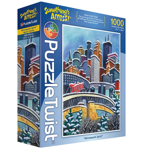 1000-piece puzzle showing Minneapolis buildings, snow, and Twins stadium; visible text: “Somethings Amiss!” and “Minneapolis Spirit.”.