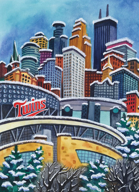 Jigsaw puzzle featuring the colorful Minneapolis skyline with snow-capped skyscrapers, Twins stadium, and evergreen trees in the foreground.