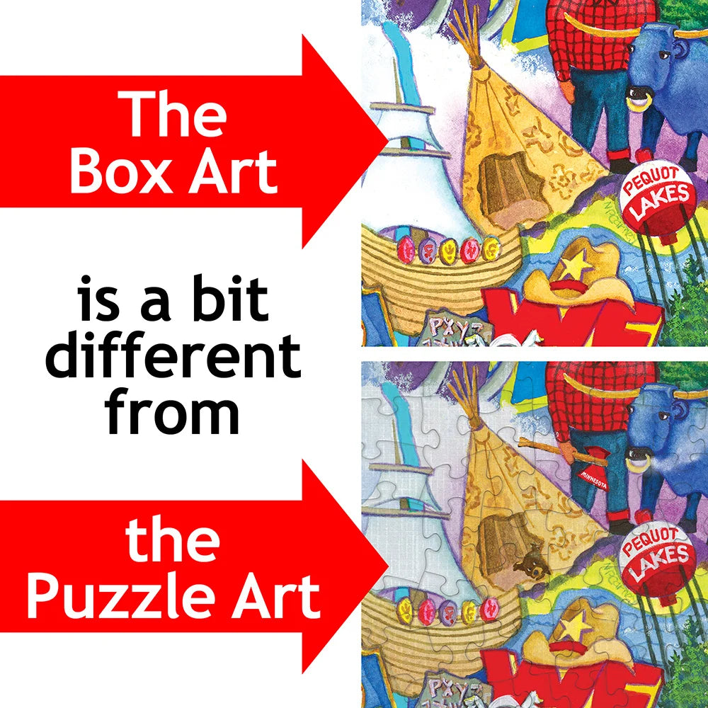 Side-by-side images show a Minnesota-themed jigsaw puzzle box and finished puzzle with bold text and red arrows highlighting color and detail differences.