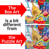 Side-by-side images show a Minnesota-themed jigsaw puzzle box and finished puzzle with bold text and red arrows highlighting color and detail differences.